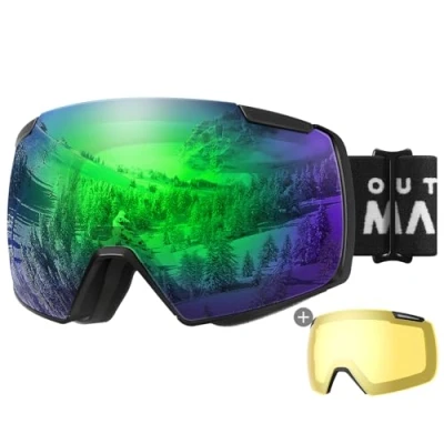 Image of OutdoorMaster Heron Ski Goggles with 2 Lens, Frameless, Magnetic Interchangeable HD Toric OTG Snowboard Goggles(BlackFram RevoGreen Vlt 15% + YellowLens)