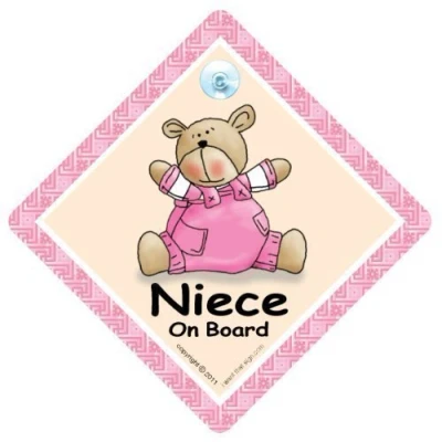 Image of Niece on Board Car Sign, Bumper Sticker, Baby Board, Driving Automobile Vehicle , Pink Bear Quilt, Decal,