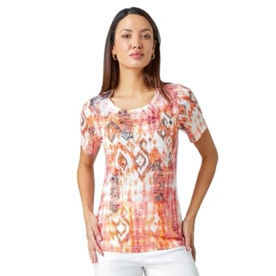 Image of Roman Originals T Shirt for Women UK Ladies Tee Summer Top Holiday Day Causal Short Sleeve Blouses Round Crew Boat Neck Lightweight Orange White Red Size 18