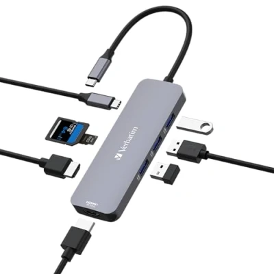 Image of Verbatim USB C Pro Multiport Hub 8 in 1, Adapter to HDMI, A and PD, microSD &amp; SD Card Reader, for Mac, MacBook Pro/Air, iPad Pro, Thinkpad, Windows Computer, Laptop Co