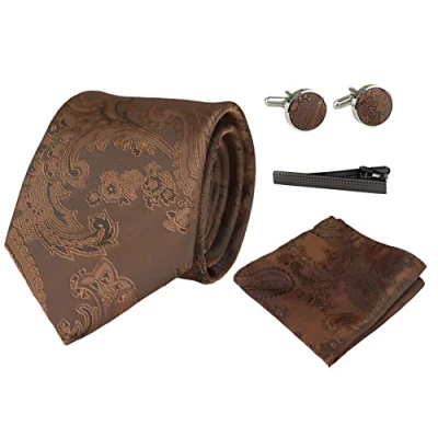 Image of TruClothing Paisley Neck Tie Gift Set Pocket Square Cuff Links Floral Satin Brown 109 One Size