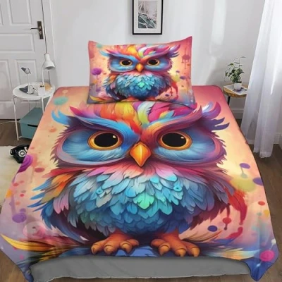 Image of GEEYOU Owl 3D Bedding 3PCs Comforter Cover Set, Animal Duvet with Pillowcases, Soft Microfiber Quilt Zipper Closure for Kids Teens Adults Single（135x200cm）