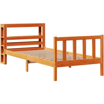 Image of vidaXL Solid Pine Wood Bed Frame with Storage Headboard Wax Brown 90x200 cm Sturdy Single for Bedroom