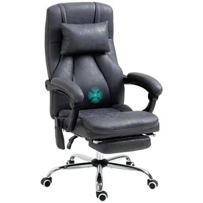 Image of Vinsetto Office Chair with Lumbar Massage, 135 Reclining Computer Adjustable Headrest, Retractable Footrest, 10cm Double Padded Seat, Microfiber Fabric, Metal Base, Dark Grey