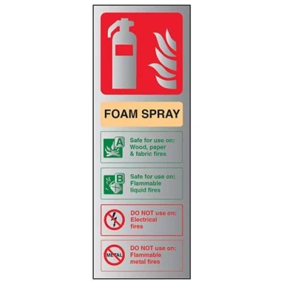 Image of VSafety Fire Extinguisher Foam Spray ID Not Electrical Safe Sign 75mm x 200mm Self Adhesive Alu Effect