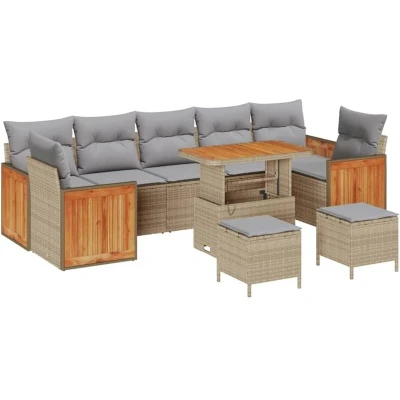 Image of vidaXL 10 Piece Garden Sofa Set with Cushions Beige Poly Rattan Acacia