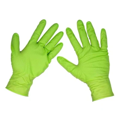 Image of Sealey Hi Vis Green Diamond Grip Extra Thick Nitrile Powder Free Gloves, Large, Pack of 50 SSP54L