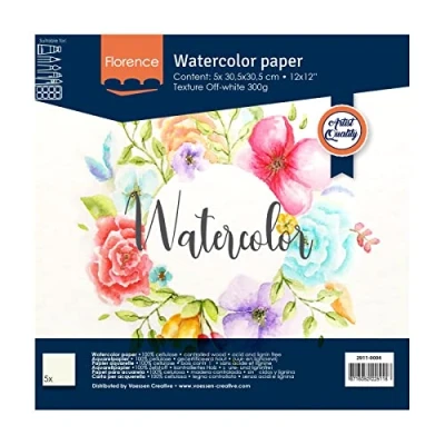 Image of Vaessen Creative Florence Watercolour Paper 12x12 in Ivory, 300 GSM, Artist Grade Quality, Textured Surface, 5 Sheets for Scrapbooking, Painting, Handlettering, Art Projects, 12 x 12&quot;
