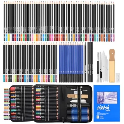 Image of MEIJMJIA YMTECH Drawing Set, 96 Pieces Painting Artist with Colouring Pencils, Graphite Pencil, Charcoal Paper Pens, Sharpener Eraser in Pencil Case Bag for