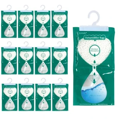 Image of Crystals 12 Wardrobe Dehumidifier Hanging Bags, Moisture Absorber with Storage Leak Proof Bag + Hook, Damp Condensation Traps for Wardrobe, Closet, Bookcase 250g Each (12)