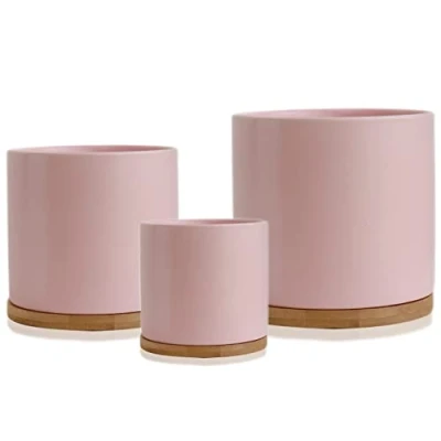 Image of Olly &amp; Rose Set 3 Ceramic Plant Pots with Bamboo Coasters Pastel Pink Indoor Planters Flower Containers Outdoor Large, Medium, Small saucers