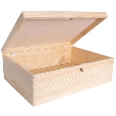 Image of Creative Deco XL Large Plain Wooden Storage Box 40 x 30 14 cm (+/ 1 cm) with Lock, Hinged Lid &amp; Key Unpainted Gift Christmas Xmas ROUGH UNSANDED Wood Keepsake Memory Craft Chest