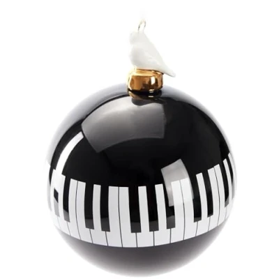 Image of BRUBAKER Premium Christmas Bauble Piano Black and White with Porcelain Bird Figure 3.9 inches (10 cm) Glass Tree Keys for Musicians Players