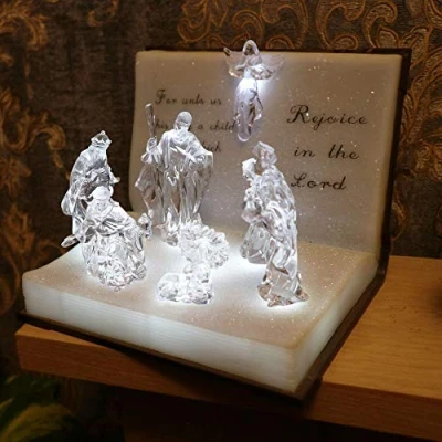 Image of 19cm Christmas Pre Lit LED Musical Nativity Scene 3D Book Tabletop Acrylic Sculpture Battery Operated Light Up Xmas Holiday Home Decorations