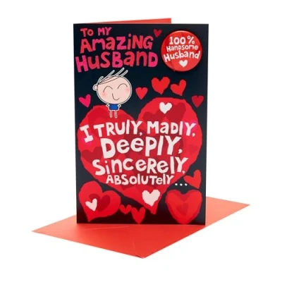 Image of UK Greetings Valentine&#039;s Day Card for Husband Funny 100% Handsome Badge Design