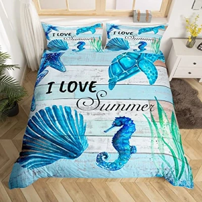 Image of Summer Beach Duvet Cover Set Double Size, Sea Turtle Seahorse Scallop Starfish Comforter with 2 Pillowcases, Marine Animal Bedding 3pcs for Kids Girls Blue Wood Plank Bedspread