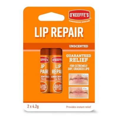 Image of O&#039;Keeffe&#039;s Lip Repair Unscented Balm, Twin Pack, 2 x 4.2 g For Extremely Dry, Cracked Lips All Day Moisture with 7 Moisturising Ingredients