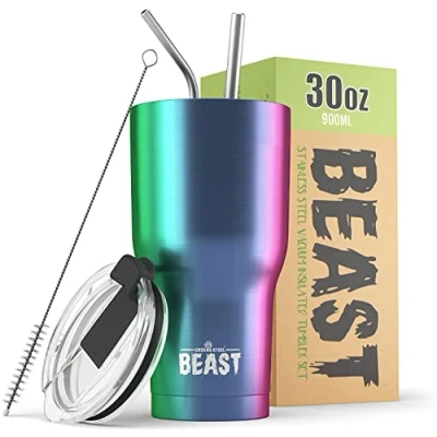 Image of Beast Tumbler 900 ml (30 oz), Rainbow Reusable Stainless Steel, Vacuum Insulated Cup with + 2 Straws &amp; Cleaning Brush Double Wall Travel Flask Perfect for Hot or Iced Coffee BPA Free