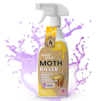 Image of Pestmatic Moth Killer Spray 1 Litre, Repellent for Carpets, Wardrobes, Kitchen &amp; Pantry, Effective Treatment that Kills Moths Larvae Eggs on Contact, Long Lasting 12 Weeks Protection