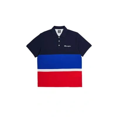 Image of Champion Men&#039;s Legacy Retro Sport Polo Color Block S/S Shirt, Navy Blue/Electric Blue/Red, L