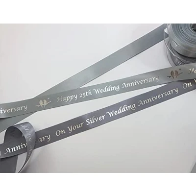Image of Happy 25th Wedding Anniversary 25mm Light Silver Satin Ribbon with Metallic Print, 1 Metre Length