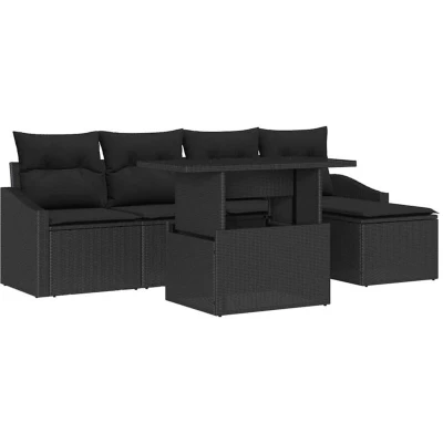 Image of vidaXL 6 Piece Garden Sofa Set with Cushions Black Poly Rattan