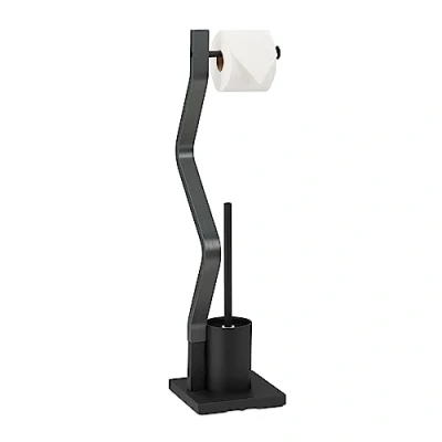 Image of Relaxdays WC Set, Standing Toilet Paper, Brush with Holder, Bathroom Accessory, 75 x 18.5 cm, Black/Grey, Steel