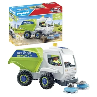 Image of Playmobil 71432 city Action Road Sweeper, cleaning, rotating brushes, environmental and educational toy, fun imaginative role play, playsets suitable for children ages 4+