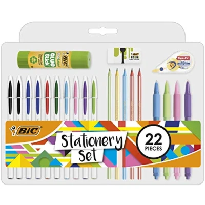 Image of BIC 961543 Stationery Set Glue Stick/Mini Eraser/Correction Tape/HB Graphite Pencil/Ballpoint Pen (Pack of 22)