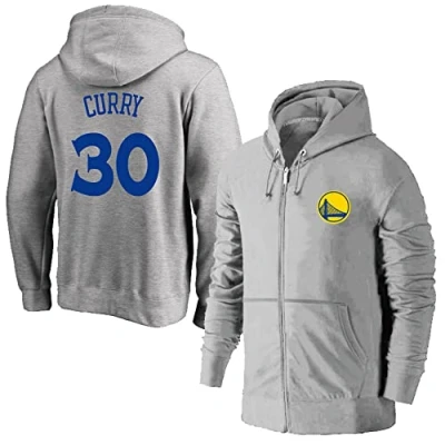 Image of Men Sweatshirt Casual Basketball Clothing Unisex Warriors Grey Hoodies NBA Long Sleeve Zipper Cardigan,S