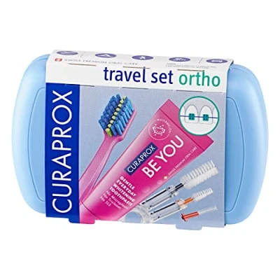 Image of Curaprox, Ortho Travel Set, Blue Compact Oral Care Kit for Orthodontic with Toothbrush, 10ml Whitening Toothpaste, and Interdental Brushes