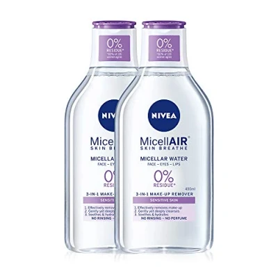 Image of NIVEA MicellAIR Micellar Water Pack of 2 (2 x 400ml) 3in1 Sensitive Make Up Remover, Cleaning Water, Gentle Moisturiser for Women with Almond Oil