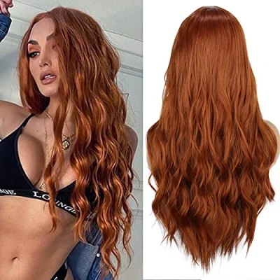 Image of PORSMEER Long Hair Auburn Wigs for Women Natural Wavy Curly Ginger Red Wig Middle Part Heat Resistant Replacement Daily Use or Cosplay Party