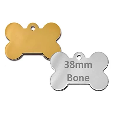Image of Personalised Round/Bone Engraved Dog ID Name Tag Small/Large Pet/Cat Tags (38mm Bone, Silver/Nickel)
