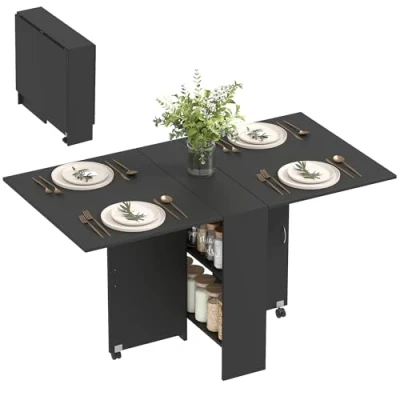 Image of HOMCOM Folding Dining Table, Drop Leaf Table for Small Spaces with 2 tier Shelves, Kitchen Rolling Casters, Black