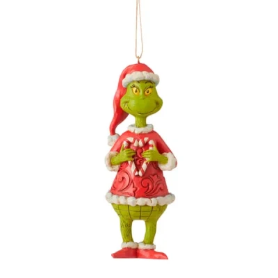 Image of Grinch by Jim Shore Holding Heart Shaped Candy Cane Hanging Ornament