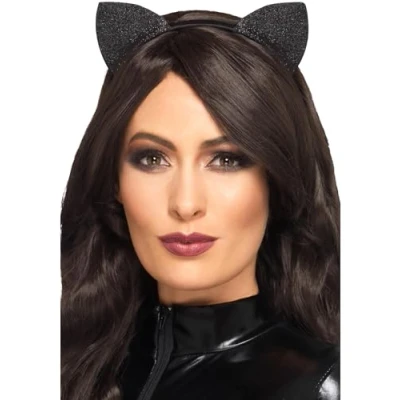 Image of Smiffys Glitter Vinyl Cat Ears, Black, Halloween Fancy Dress Accessory, Up Hats