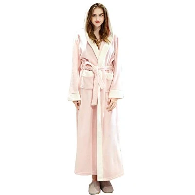 Image of Samko Ladies Fleece Dressing Gown Hooded Fluffy Bathrobes Wraps Plush Warm Housecoat Nightgown Long Robe Couple Unisex Pink L