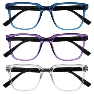 Image of OPULIZE LEO Reading Glasses 3 Pack Large Rectangular Frame Blue, Purple, Clear Mens Womens Spring Hinges RRR55 35C +1.00