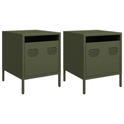 Image of vidaXL Bedside Cabinets/Nightstands Olive Green Cold Rolled Steel, Industrial Style, 2pcs, 35x39x43.5cm Versatile Tables for Bedroom/Study/Living Room, Assembly Required, Moisture Resistant