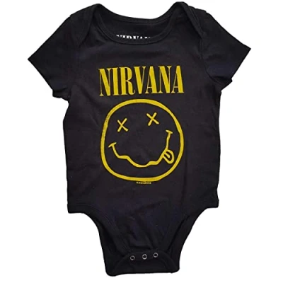 Image of Nirvana Official Yellow Smiley Black Cotton Kids Baby Grow 0 3 Months Toddler