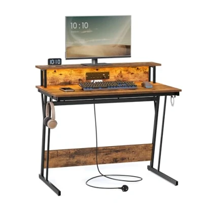 Image of VASAGLE Gaming Desk with LED Lights and Built In Power Outlets, Computer Monitor Shelf, Table for 2 Monitors, Office Desk, Bedroom, 60 x 100 76 cm, Rustic Brown LWD291K01