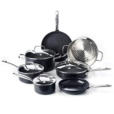Image of GreenPan Lima Midnight Hard Anodized Healthy Ceramic Non Stick 11 Piece Cookware Pots and Pans Set, Includes Frying pans, Saucepans, Stockpot, Sauté pan, PFAS Free, Induction Suitable, Oven Safe,Black