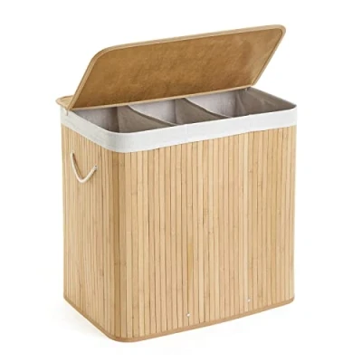 Image of Mondeer Bamboo Laundry Basket Foldable with 3 Sections Storage Hamper Removable Washable Lining Washing Bin, 150L, 61.5 x 40 60 cm, Natural