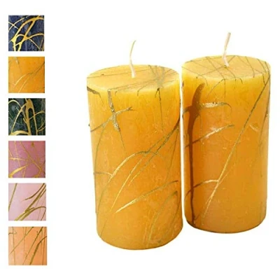 Image of Advent Candles with Golden Pattern Pack of 2 Rustic Surface Candles/Pillar Christmas/Christmas Wreath/Advent Wreath (Mustard, Height: 11 cm / Diameter 6 2)
