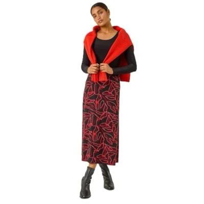 Image of Roman Originals Jersey Skirt for Women UK Ladies Midi Maxi Ditsy Floral Summer Spring Holiday Swing Shape Vacation Smart Casual Work Cocktail Party Going Out Red Black Size 12