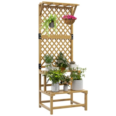Image of Outsunny 2 Tier Wooden Plant Stand with Trellis, Freestanding Raised Garden Bed for Climbing Plants, Planter Box to Grow Vegetables, Herbs and Flowers Garden, Patio, Yellow