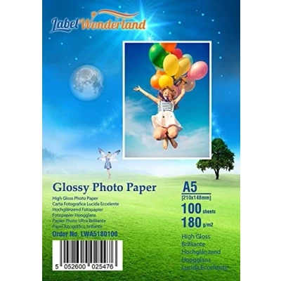 Image of 100 Sheets 180 GSM Best A5 Glossy Photo Paper, Photograph Paper (210 mm x 148 mm) for Inkjet Printers Labelwonderland (A5 Sheets)