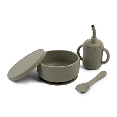 Image of Tiny Dining Baby Feeding Set Silver Sage 3pc Silicone with Divided Suction Bowl, Sippy Cup and Weaning Spoon for Babies, Toddlers &amp; Kids
