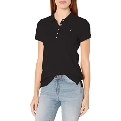 Image of Nautica Women&#039;s 5 Button Short Sleeve Breathable 100% Cotton Polo Shirt, True Black, S
